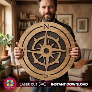 Kompass Rose Untersetzer SVG, Bar Dekor, 3D-Schicht Seekarte Zeichen, Geschenkidee Seemann, Laser Cut Datei für Holz, Küstenhaus Ornament