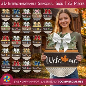 Letrero de bienvenida 3D intercambiable SVG, colgador de puerta de temporada, archivo de corte láser, paquete de 22 piezas intercambiables, decoración otoñal multicapa Cricut