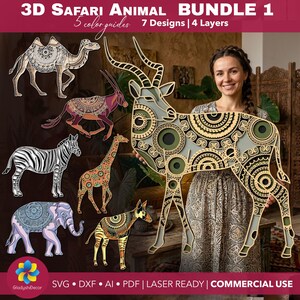 May include: A 3D safari animal bundle featuring 7 laser-ready designs with 4 layers each. The collection includes a camel, oryx, zebra, giraffe, elephant, and okapi, all decorated with intricate mandala-style patterns in various colours.