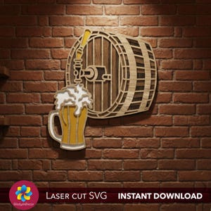 May include: A wooden wall art piece depicting a beer barrel with a tap pouring beer into a mug. The mug is yellow with white foam. The barrel and mug are made of layered wood. The background is a brick wall.