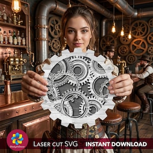 Arquivo SVG Steampunk 3D em Camadas, Arquivo para Corte a Laser, Mandala de Engrenagens Industriais, Padrão DXF para CNC de Porta-Copos de Madeira, Arte de Parede com Mecanismo de Relógio (Download Digital)