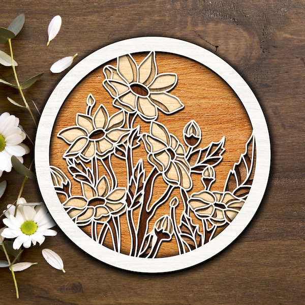Wood Trivet Flowers  —  Hot Wood Pots Trivet SVG Cut File — Coaster Flowers DXF — Flora Trivet CNC File — Spring Trivet Laser Cut Digital
