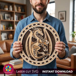 Laser Cut File 3D Dragon Coffee Tea Coaster, Celtic Knot Layered Wood Mandala DXF SVG for CNC Router, Viking Decor Gift for Men Dad Hubby
