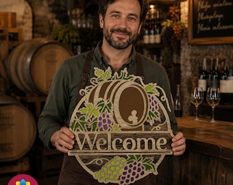 Wine Welcome Sign SVG, 2 Layer Laser Cut File, Wine Barrel Wall Art, Vineyard Decor for Cafe Restaurant, Father's Day Gift for Wine Lover