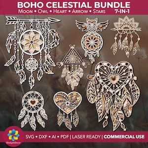 Puede incluir: Una colección de siete diseños de madera cortados con láser con temática celestial bohemia. Los diseños incluyen una luna, un búho, un corazón, una flecha y estrellas. La paleta de colores presenta tonos de madera natural y blanco, con detalles intrincados.