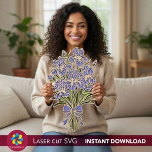 3D Iris Flower Bouquet SVG Layered Laser Cut File, 5 Layer Floral Wall Art, Spring Garden Decor for Glowforge xTool, Digital Download DXF