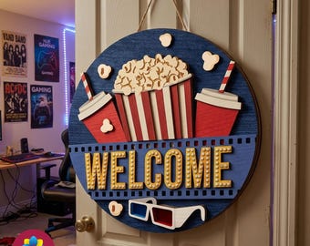 3D Movie Theater Door Hanger SVG, Popcorn Welcome Sign, Layered Movie Night Decor, Cinema Laser Cut File Teen Room Wall Art Movie Room Decor