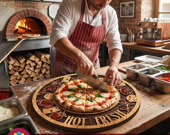 Pizza Board SVG Laser Cut File, Wooden Pizza Serving Tray Decor, Hot & Fresh Pizza Sign, Gift for Mom or Grandma, Pizzeria Wall Art Digital