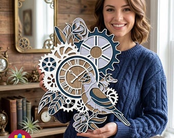 Steampunk Bird & Gears Laser Cut SVG, 3D Layered Wall Art Decor for Bedroom or Cafe, Unique Industrial Housewarming Gift, Multilayer Wood