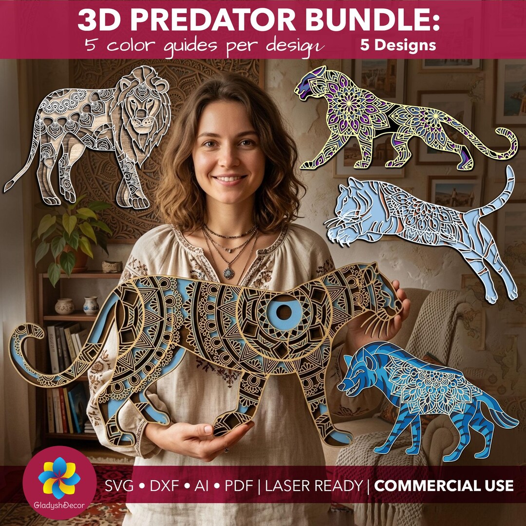 Predator SVG Bundle: 5 Multilayer Animal Mandalas, 5 Professional Color ...