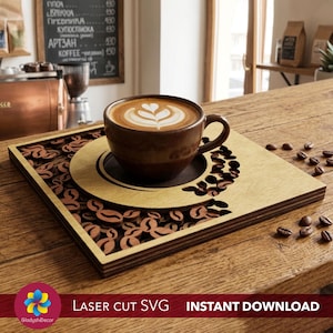 3D Kaffeebohnen Untersetzer SVG Laser geschnitten Datei, Schichtholz Coffee Shop Dekor, Cafe Bar Tablett digitaler Download, Glowforge xTool Sperrholz Design