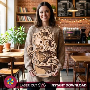 3D Layered Coffee Cups SVG for Laser Cutting, Multi-layer Coffee Bar Wall Art, Cafe Decor DXF File, Wooden Kitchen Sign for Glowforge xTool