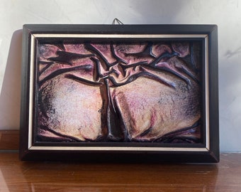 Vintage Leather Wall Art Tree Relief Framed Painting MCM Wall Hanging 1970s