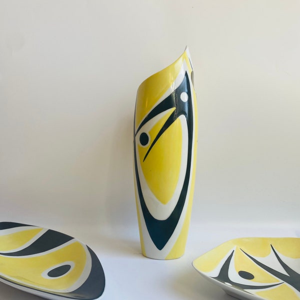 Vase vintage MCM en porcelaine jaune noire Janos TOROK Zsolnay, milieu du siècle, années 1960