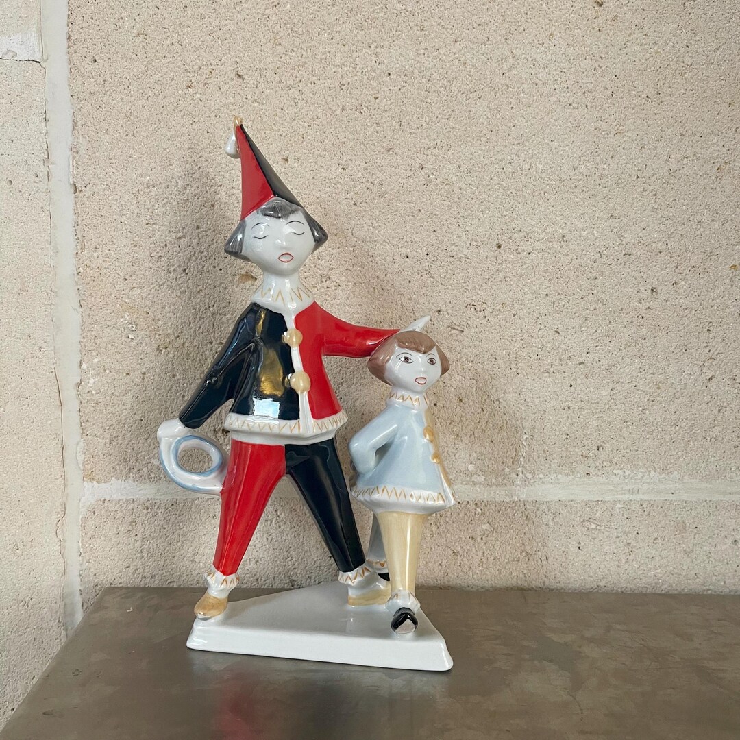ヴィンテージ ピエロ ペア 彫刻 ピエロ 兄弟 磁器 置物 アールデコ 赤