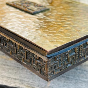 Mid Century Brutalist Copper Box with Bird & Enamel Relief – 1970s MÓGA Hungarian Modernist Hand-Hammered Metal Art Catchall or Jewelry Box
