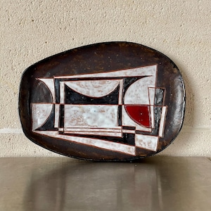 Rare Asymmetric Oval Ceramic Tray by Pierre Oosterlinck POOST – 1960s Belgium MCM Art Geometric Black White Wall or Table Display Platter