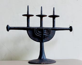 RESERVED Rare Hungarian Brutalist Iron Candle Holder by Zoltán Pap, 1960s MCM Menorah Style Candelabra, Mid Century Modern