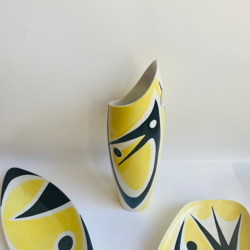 Vintage MCM Yellow Black Porcelain Vase Janos TOROK Mid Etsy