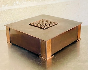 Mid-Century Modern Copper Box – 1970s Hungarian Brutalist Metalwork with Goat Relief – MCM Square Trinket Catchall – Vintage Industrial Art