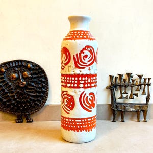 MCM Brutalist Ceramic Vase – 1960s Hungarian Mid Century Modern Studio Pottery – Rustic Textured Glaze in Orange & White – Bold Retro Decor