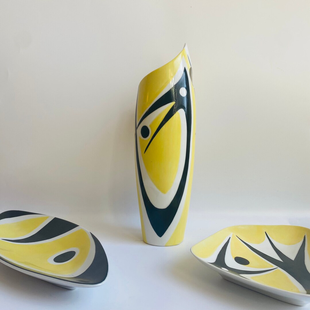 Vintage MCM Yellow Black Porcelain Vase Janos TOROK Mid Etsy