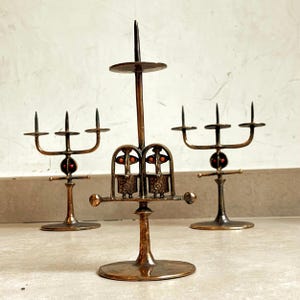 Lajos Muharos mid century brutalist cast bronze candle holder with red enamel embellishments candlestick bronze