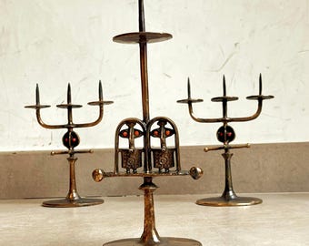 Lajos Muharos mid century brutalist cast bronze candle holder with red enamel embellishments candlestick bronze