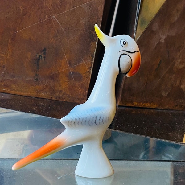 Vintage Budgie Parrot Cockatoo Porcelain Figurine Mid Century Hungarian Bird Pottery Hollohaza 1960s Hand Painted, Imre Schrammel