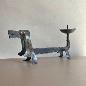 Brutalist Iron Dog Sculpture Candleholder – 1970s Hungarian Metal Art Dachshund
