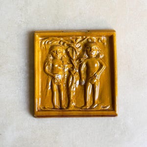 Adam and Eve Ceramic Wall Art – Brutalist Biblical Relief – 1970s MCM Studio Pottery Plaque – Sand Toned Wall Sculpture – Collector Decor