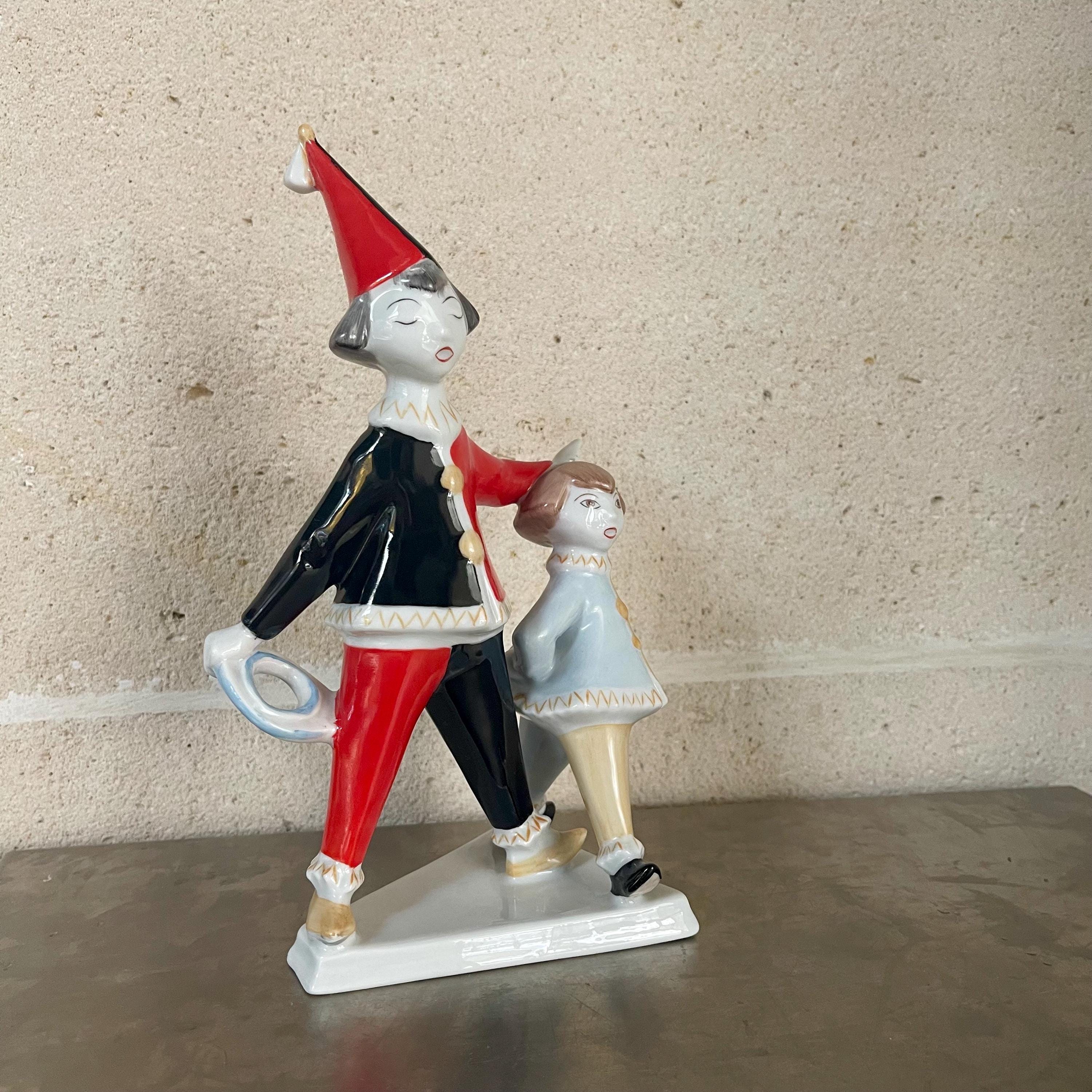 ヴィンテージ ピエロ ペア 彫刻 ピエロ 兄弟 磁器 置物 アールデコ 赤