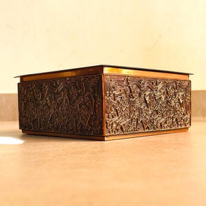 Mid Century Brutalist Copper Catchall | Studio Metal Art Box | Figurative Relief Jewelry Box | Hungarian MCM Bronze Sculpture | Lador Label