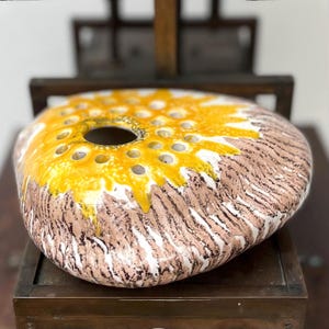 MCM Ceramic Ikebana Bowl - Flat Vase Flower Arranger - Mid-Century Pebble Vase For Dry Flower - Modern Studio Art Pottery Vintage Gift Idea