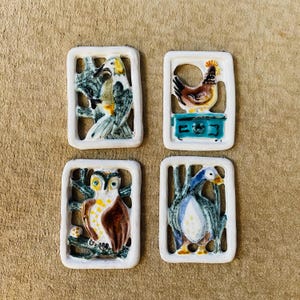 Set of 4 Mid Century Modern Ceramic Bird Wall Plaques – Owl, Woodpecker, Hen & Duck Relief, 1960s Hungarian Studio Pottery Vintage Modernist
