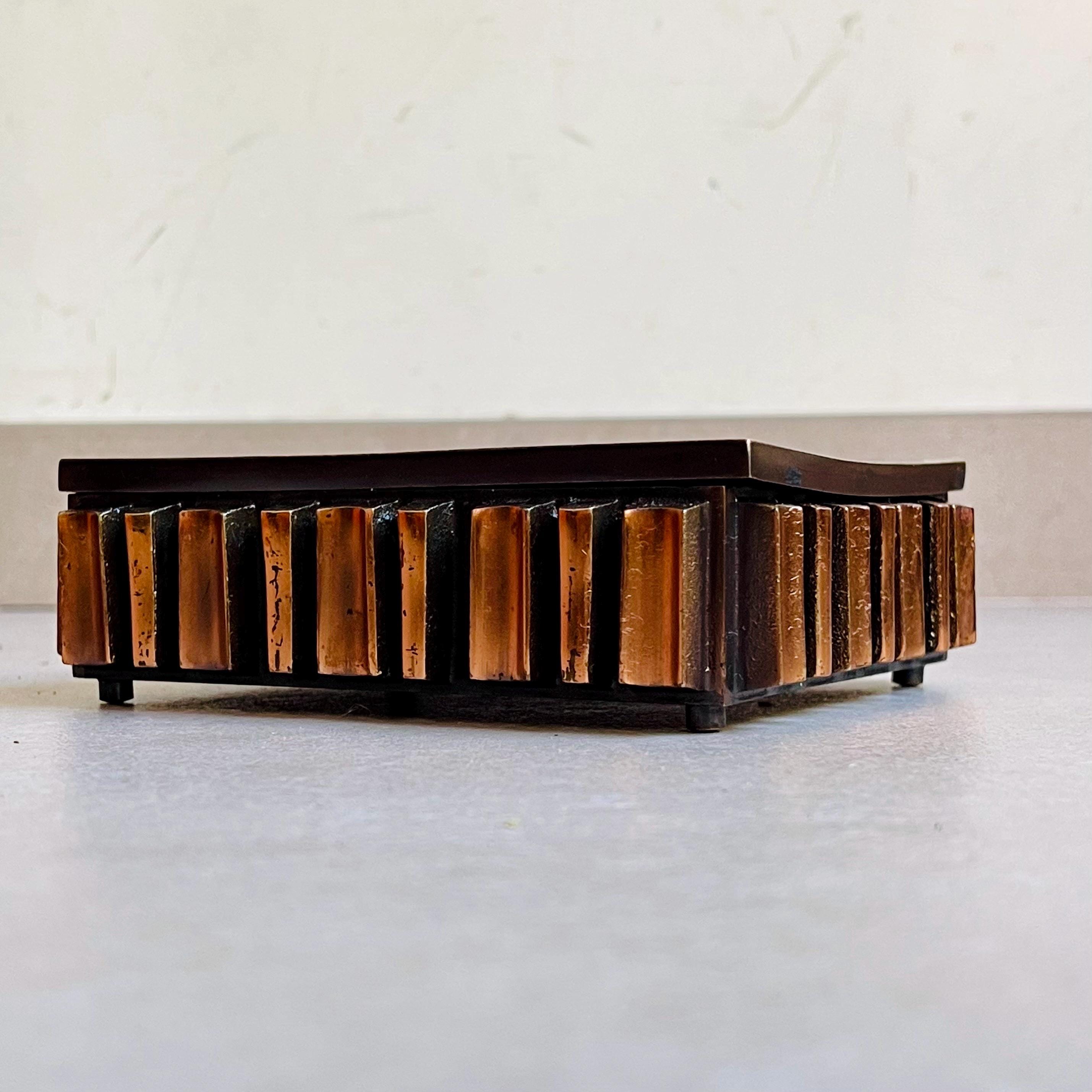 1970s Brutalist Music Jewelry Box - Hungarian Copper Alloy Geometric Metal Box, Working Mechanism