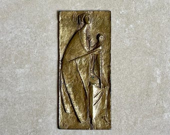 Vintage Mary and Jesus Brass Plaque: MCM Religious Relief Sculpture