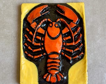Vintage Hungarian Ceramic Lobster Wall Plaque 1970s Relief Tile Iparművészeti Vállalat Mid Century Modern Art
