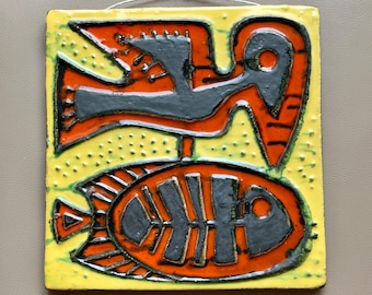 Vintage Ceramic Wall Plaque | Mid-Century Modern Hungarian Pottery Bird and Fish
