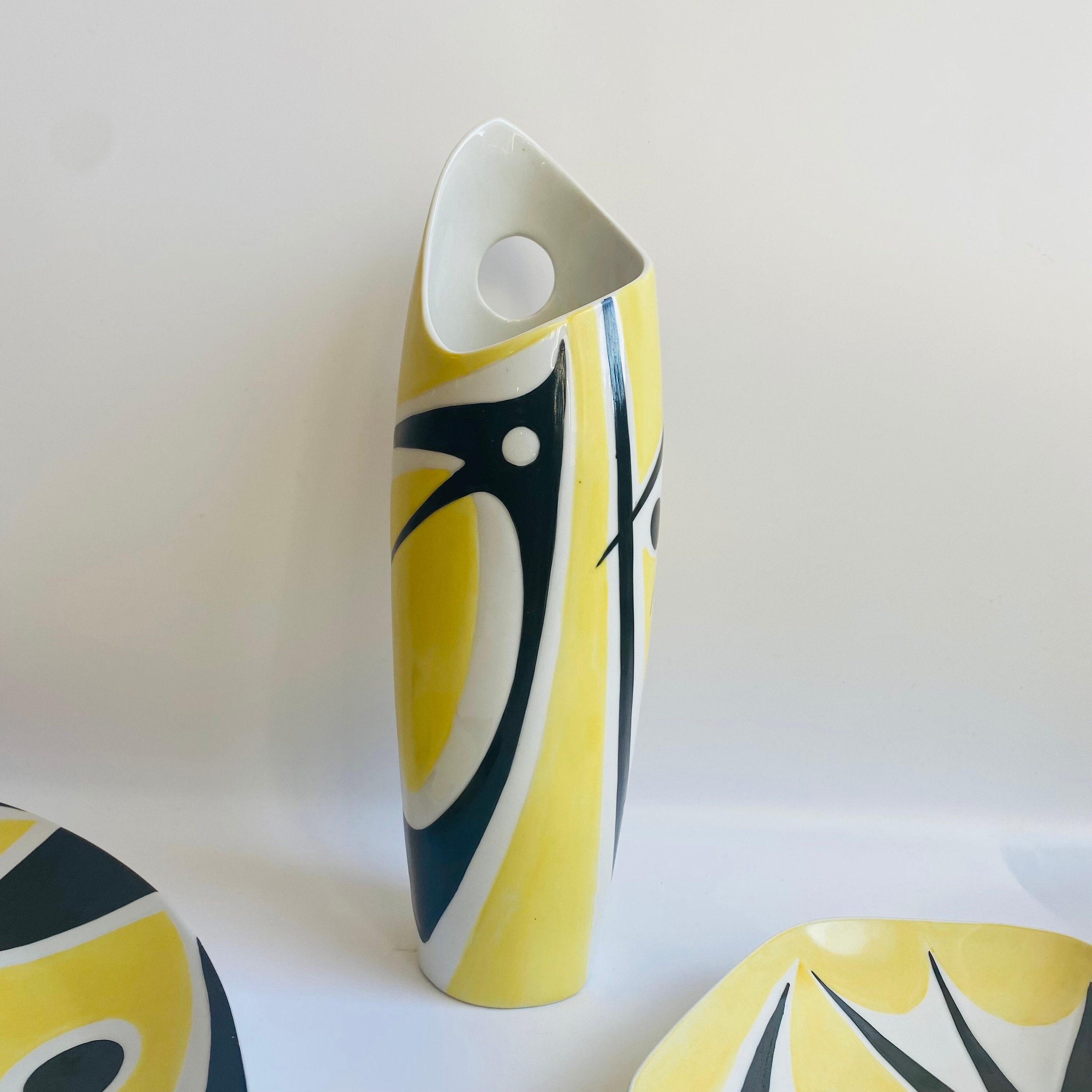 Vintage MCM Yellow Black Porcelain Vase Janos TOROK Mid Etsy