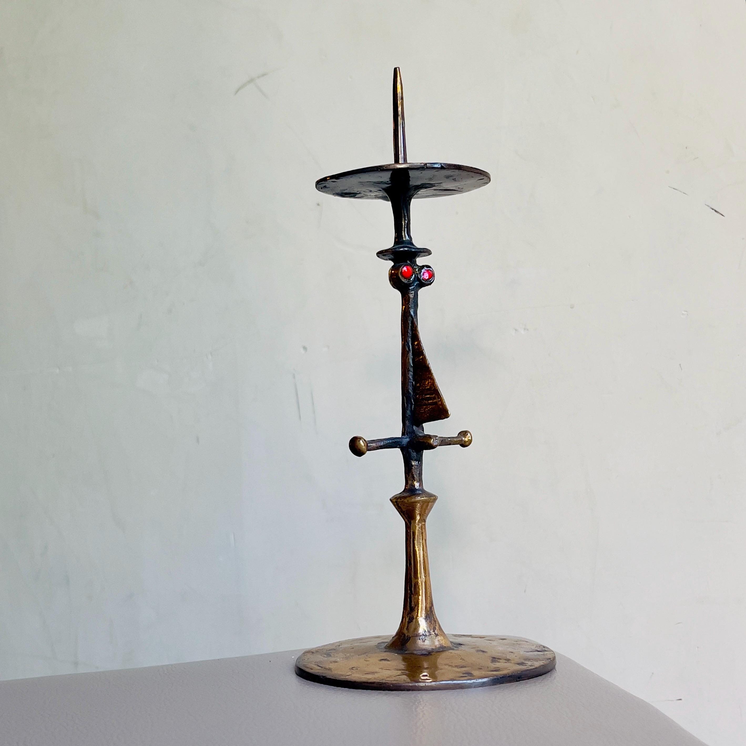 Lajos Muharos Brutalist Bronze Candle Holder Sculpture with Red Enamel Eyes
