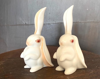 Vintage Herend Rabbit Statue Modern Bunny Porcelain Sculpture Porcelain Animal Figurine Hungarian Design Handpainted Animal Decoration