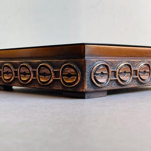 Mid century brutalist bronze box XL with stylized geometric relief modernist trinket box Mcm metalwork vintage retro industrial art 1970s