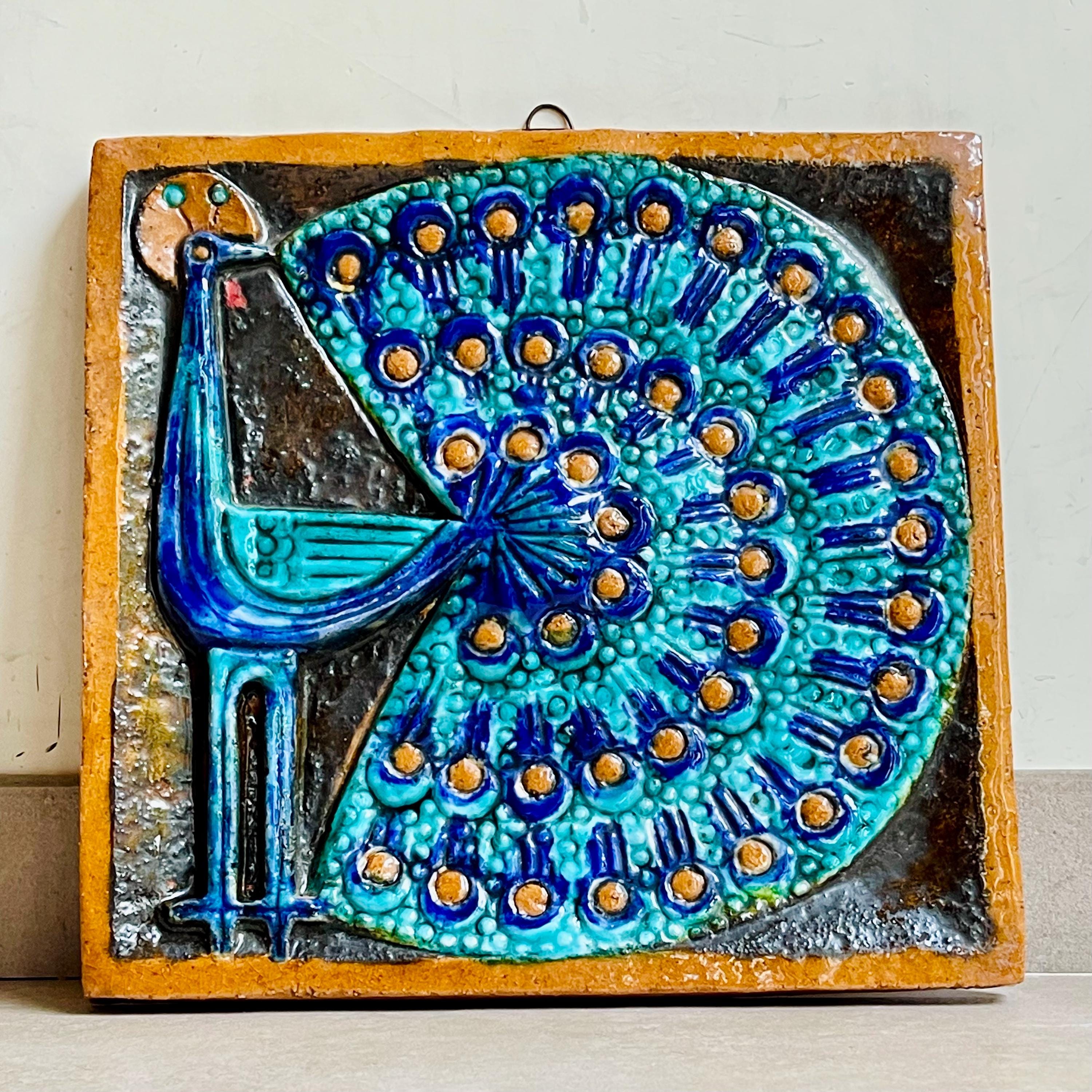 Peacock Bird Pottery Plaque by Alajos Andróczi – Mid-century
