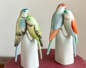 Vintage Parrots Birds Porcelain Mid-century Modern Sculpture 1970s Mid Century Hungarian Bird Pair Pottery Hollohaza MCM Gift for Bird Lover