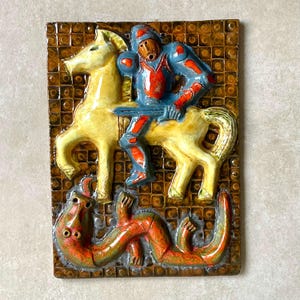 Sculptural Ceramic Art Wall Plaque by Lőrincz – Saint George and the Dragon – Mid Century Handmade Brutalist Relief – 1970s MCM Signed