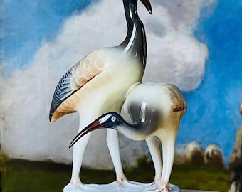 Vintage Ibis Bird Pair Porcelain Figurine -  Hungarian Hollohaza Handpainted Cranes - 1960s Mid Century Modern Ceramic Animal Home Decor
