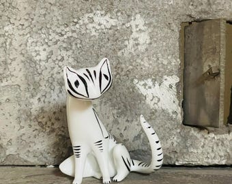 Cat Figurine Modern Vintage Black White Art Deco Sculpture