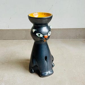 Brutalist Black Cat Candle Holder, Hungarian Studio Pottery, MCM Sculpture