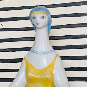Woman Sculpture Modern Zsolnay Porcelain Girl Mid Century Yellow Decorative Art Ceramic Hand Painted 1960 Home Decor Vintage Gift for Wife